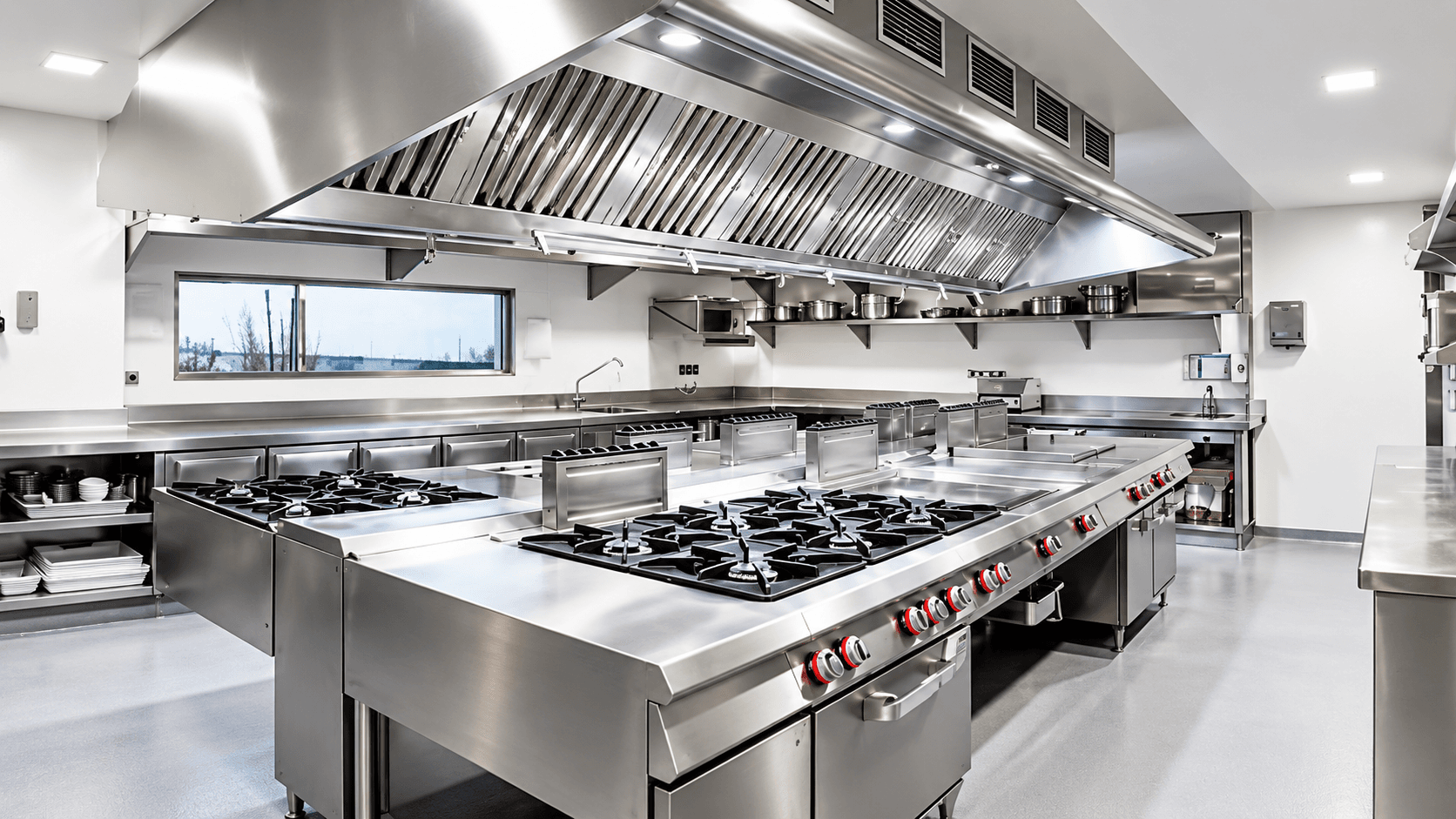 Stainless steel commercial kitchen with professional cooking equipment