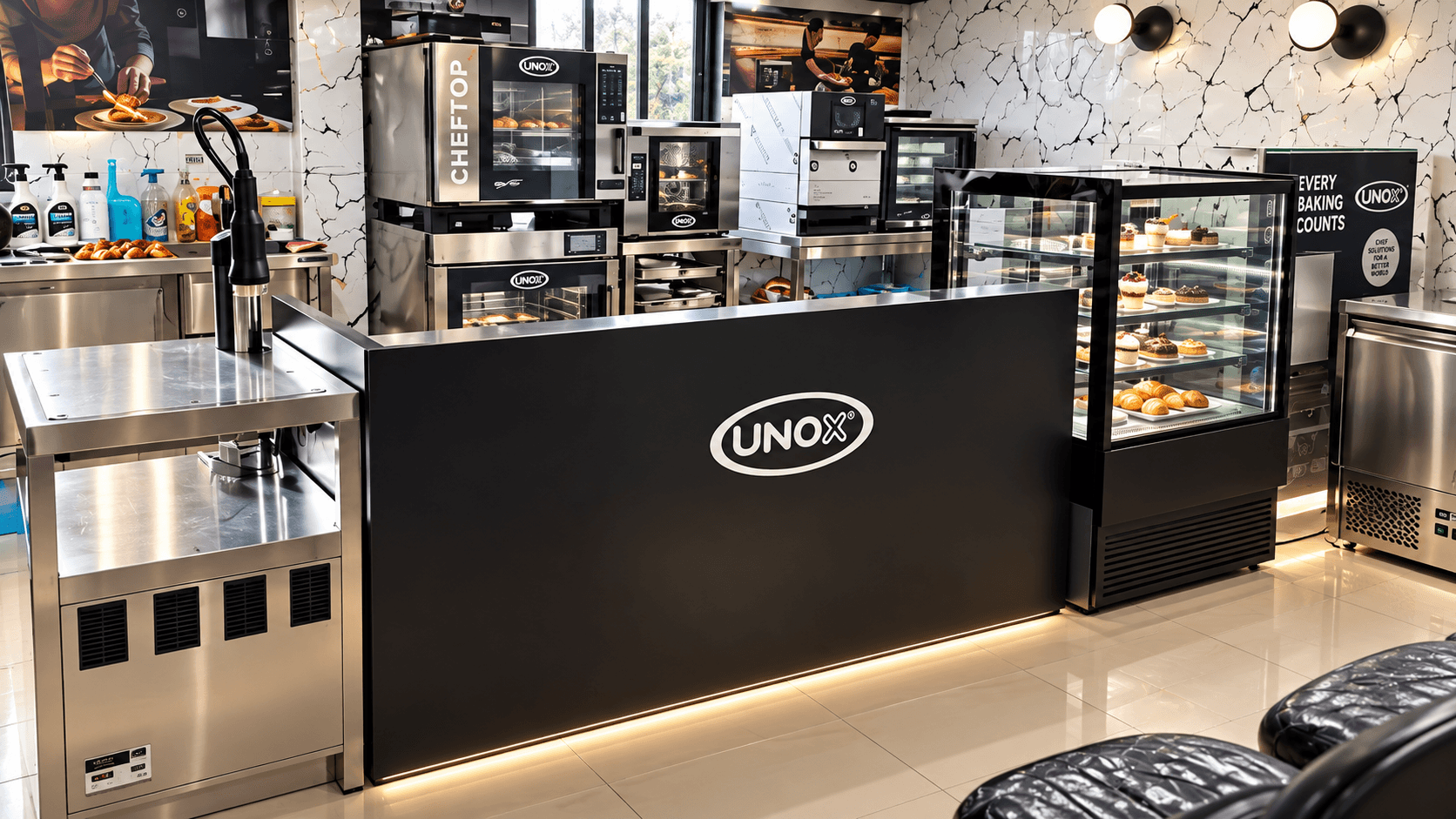 Commercial kitchen showroom with ovens, stainless steel counters, and refrigerated display cabinets
